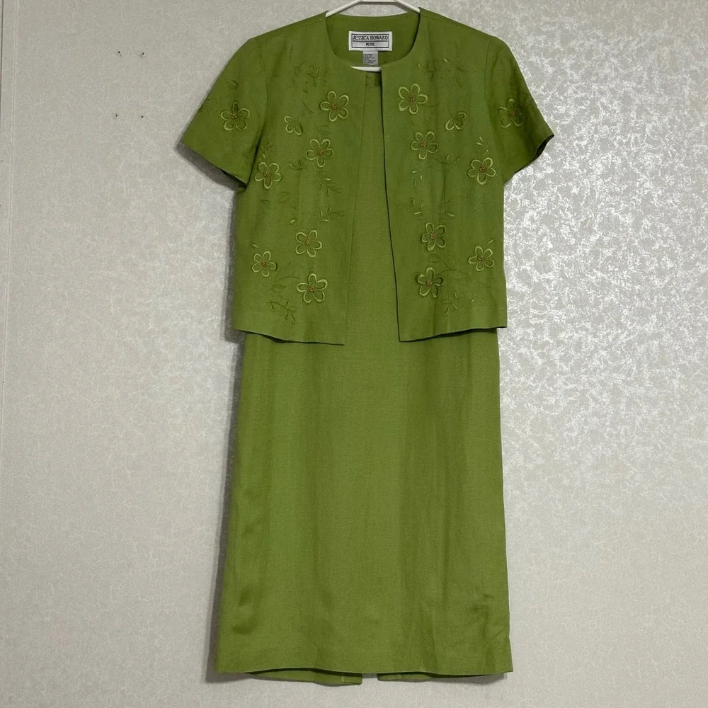 Jessica Howard Floral Embroidered Jacket Dress Set Linen Blend‎ Green 4P